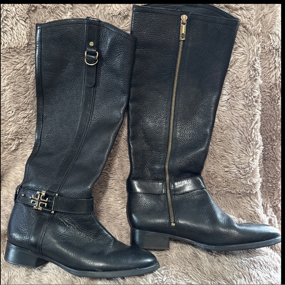 Tory Burch Elina Tall Riding Black Boot Pebble Leather  LOGO GOLD Sz 9M